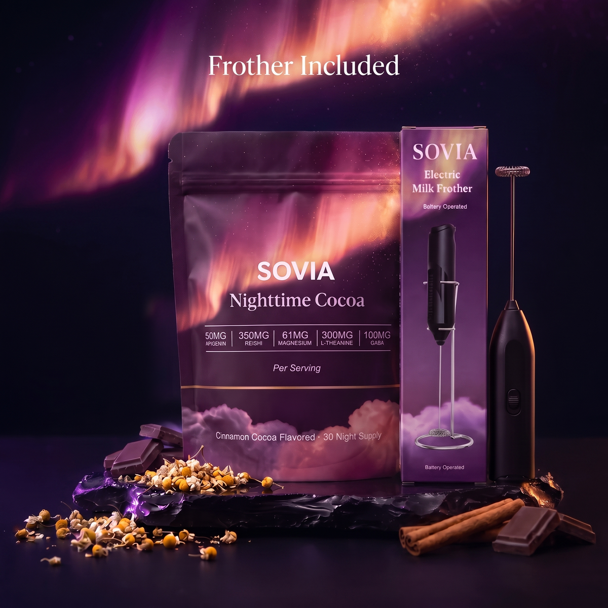 SOVIA Nighttime Cocoa pouch with free Electric Milk Frother - Frother Included