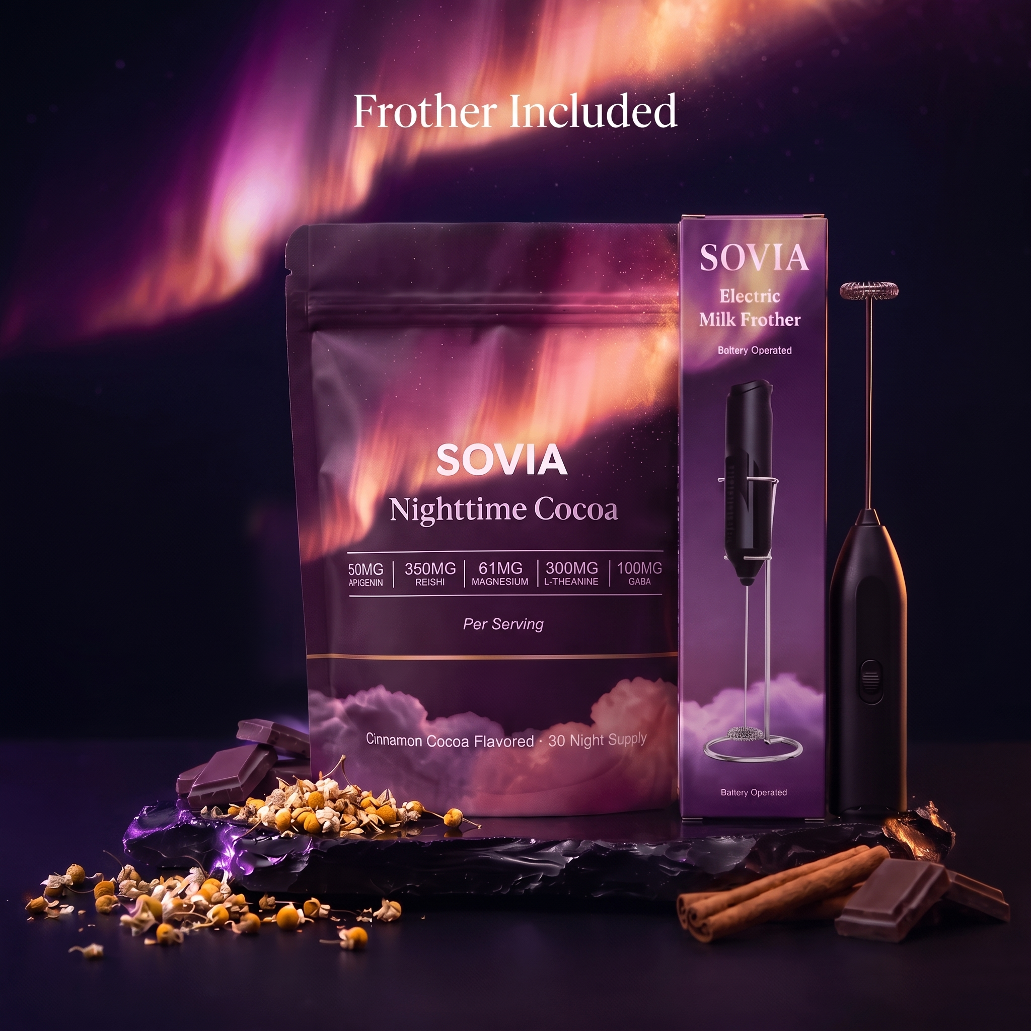 SOVIA Nighttime Cocoa pouch with free Electric Milk Frother - Frother Included