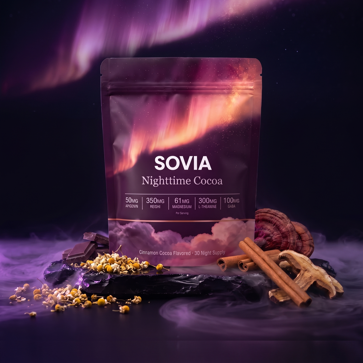 SOVIA Nighttime Cocoa pouch with aurora night sky, chamomile, cinnamon and reishi