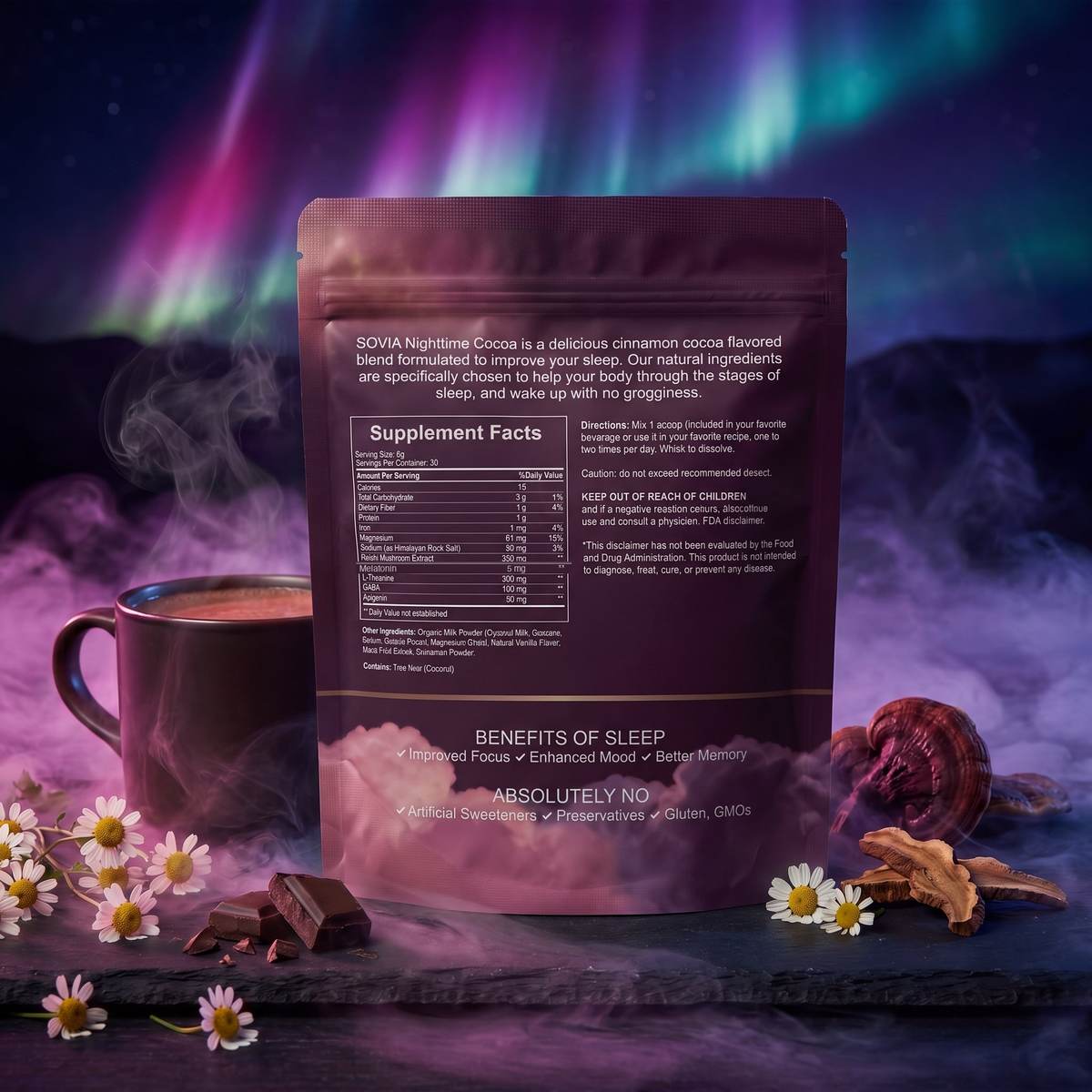 SOVIA Nighttime Cocoa pouch back with Supplement Facts including Melatonin 5mg