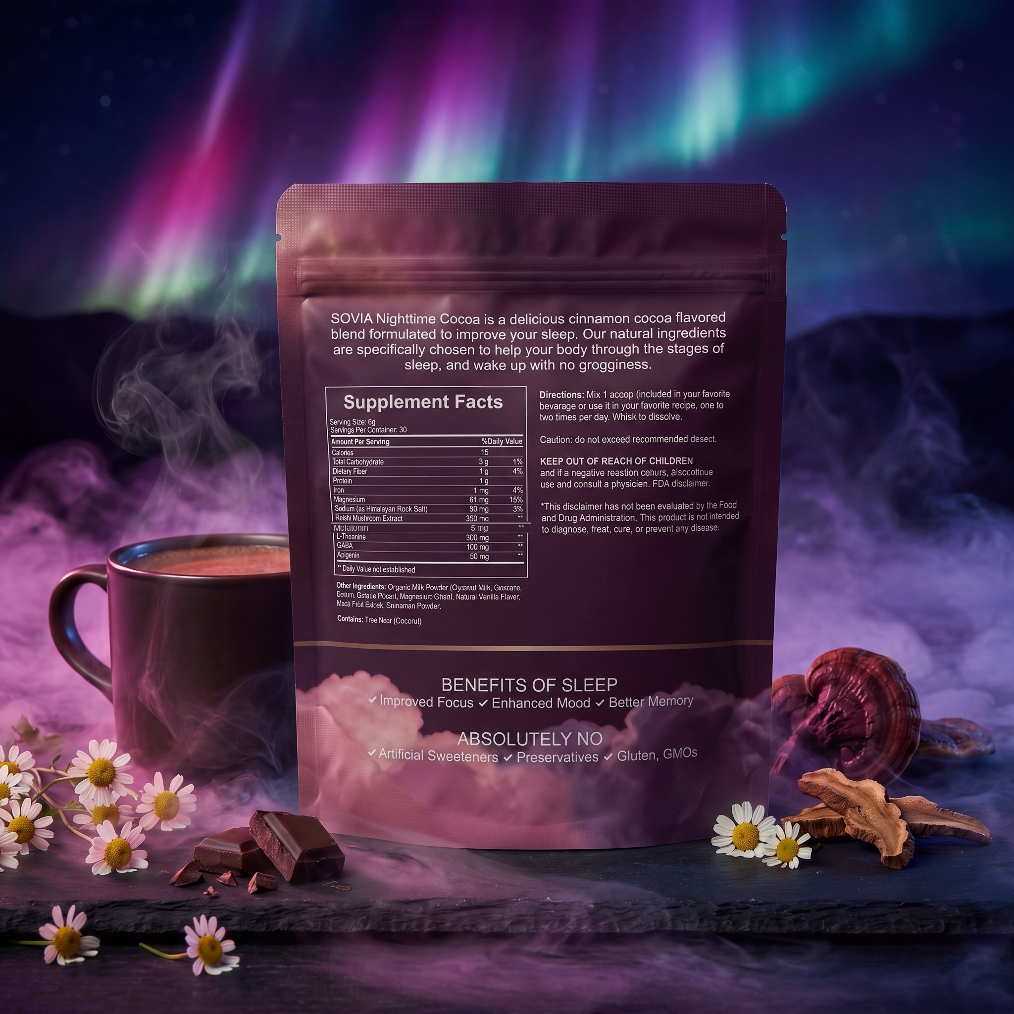 SOVIA Nighttime Cocoa pouch back with Supplement Facts including Melatonin 5mg