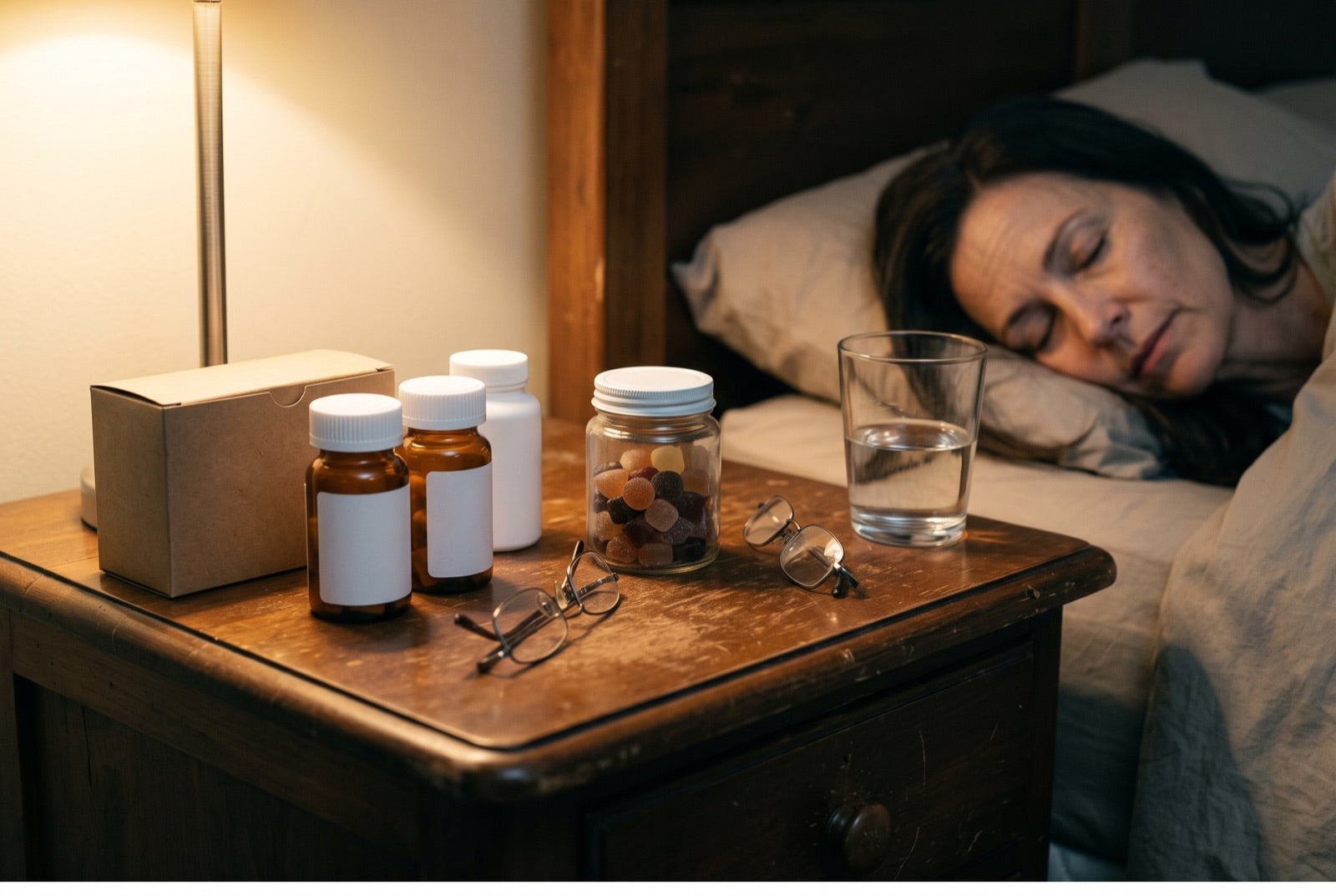 A nightstand crowded with abandoned sleep remedies