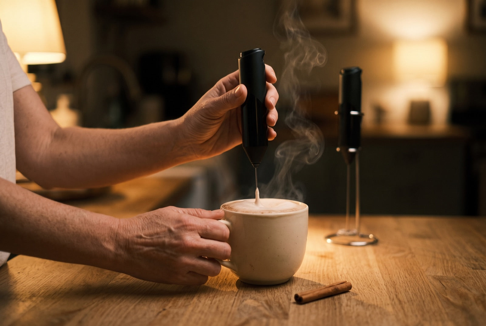 Frothing a mug of cocoa in a warm kitchen at night